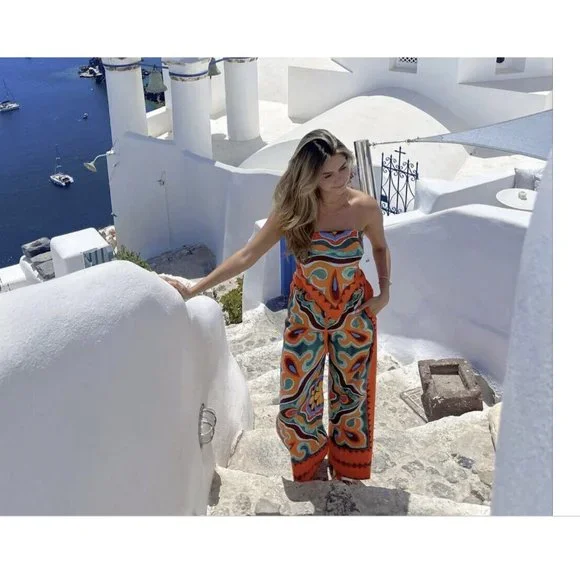 ZARA NEW WOMAN SS23 ORANGE FLOWY PRINTED PANTS REF:3098/156 XS,S,M,L,XL